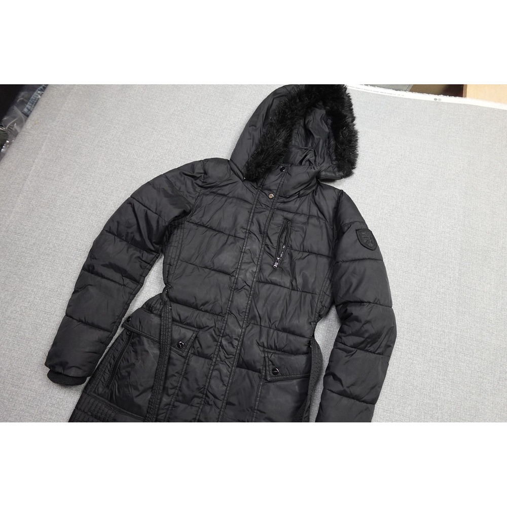 Lauren Ralph Lauren Parka Coat Womens Small Black Belted Faux Fur Hood Quilted